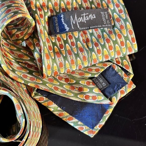 Claude Montana Silk Tie Retro Mid Century Modern Orange Olive Green Bowling Pin - Picture 6 of 6